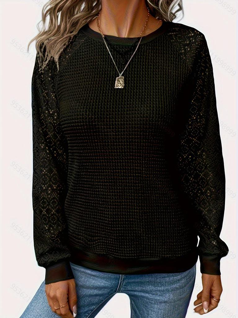 European & American 2025 Solid Lace Long Sleeve Hollow Round Neck Casual Women's T-shirt