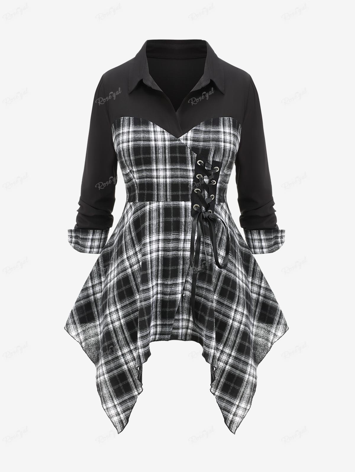 

Rosegal Plus Size Клетчатый воротник с лацканами Асимметричная рубашка в стиле пэчворк со шнуровкой и сборками 4XL чёрный