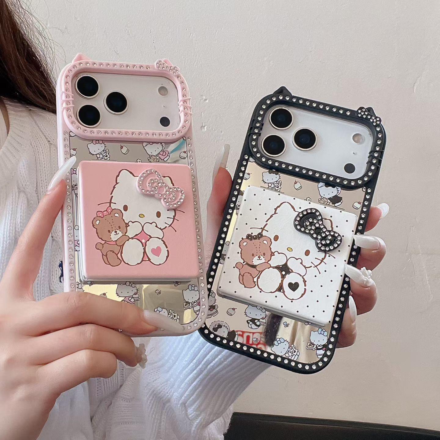 

Hello Kitty Rhinestone Flip Mirror Phone Case for iPhone 13/14/15/16/17 Pro Max 14