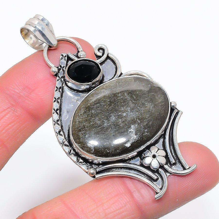 

Natural Silver Sheen Obsidian, Spinel 925 Sterling Silver Pendant 2.60 U2E90