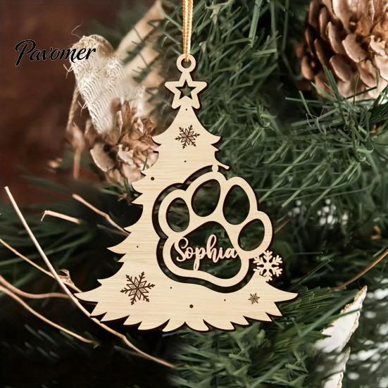 Rustic Christmas Decor for Home Wood Tree Pendant with Paw Print, Hollow Engraved Hanging Creative Wooden Pet Pendants Ornament, Style Craft