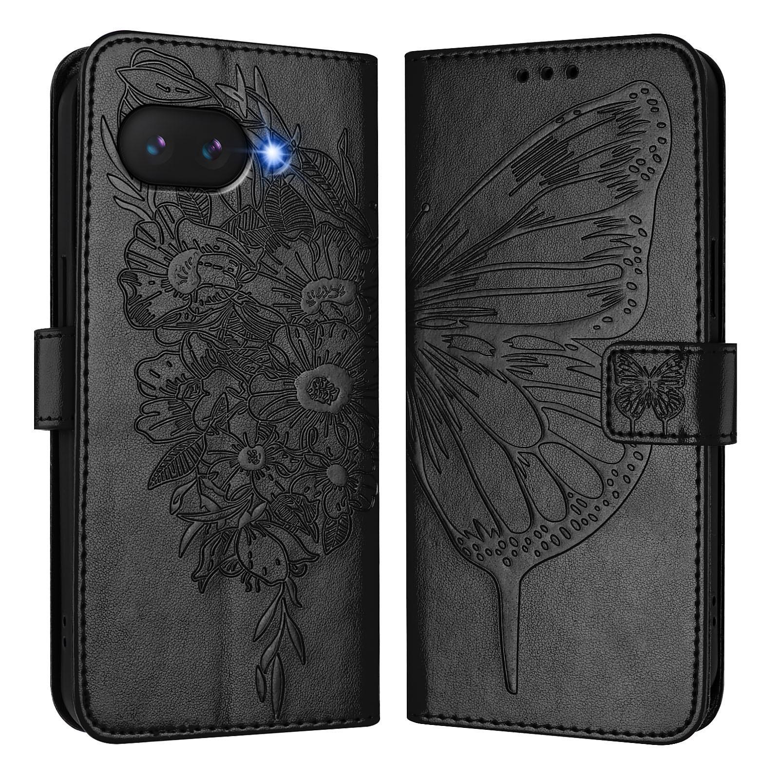 

For Google Pixel 9a Wallet Case with Wrist Strap Butterfly Imprint Leather Phone Cover Grey
