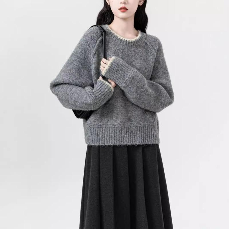 

Sweater autumn wear crew neck contrasting color pullover knitted sweater women s autumn and winter new long-sleeved women s clothing top coat one size fits all серый