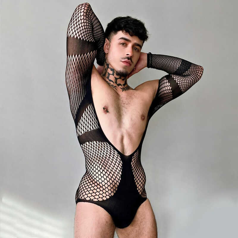 Men's Sexy One-Piece Elastic Lingerie Fishnet Gay Long-Sleeved Hip Tights V Neck Black Erotic Clothes