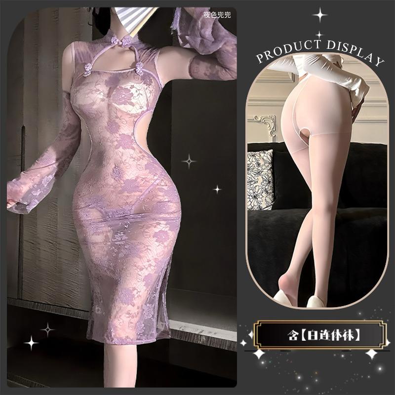 Neck buckle lace cheongsam perspective temptation hip skirt sexy underwear sexy pure desire nightdress women