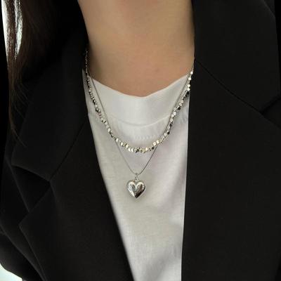 Trendy Silver Double-Layer Heart Necklace for Women - Short Square Pendant with Niche Clavicle Chain Design