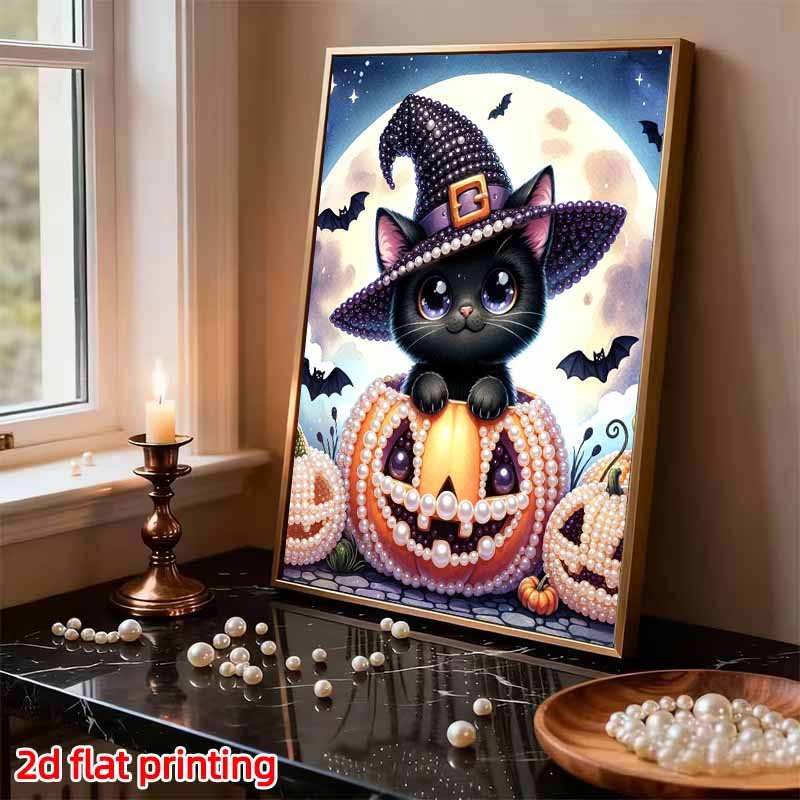 Pearl Painting DIY Kit Frameless Halloween Black Cat Pumpkin Pattern Shiny Bead Art Canvas Creative Wall Decor Holiday Gift