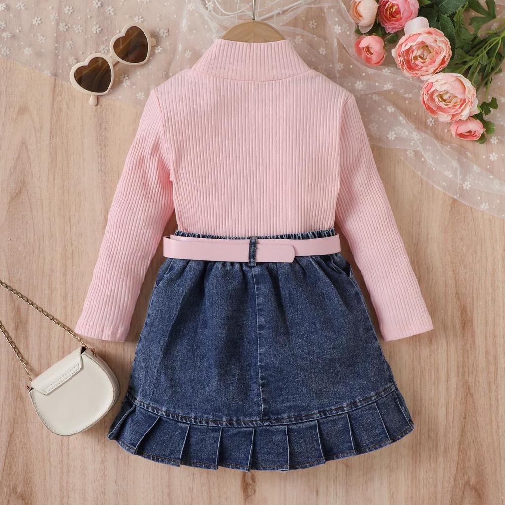 Ensemble de mode pour filles, Haut à manches longues décontracté uni d'été pour enfants, Ensemble jupe plissée en denim