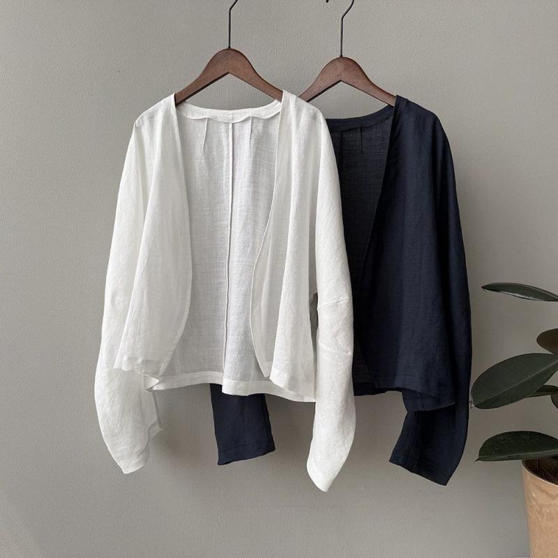 Artistic Retro Long-Sleeve Linen Cardigan - Lightweight, Loose-Fit Sun Protection Top