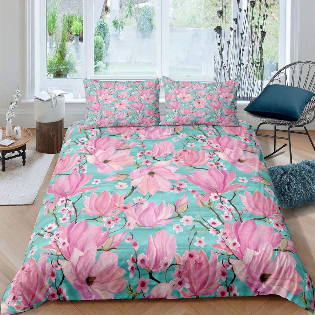 Peach Blossom Duvet Cover Set King Size Microfiber Pink Floral Bedding For Teens Women Twin Comforter Cover