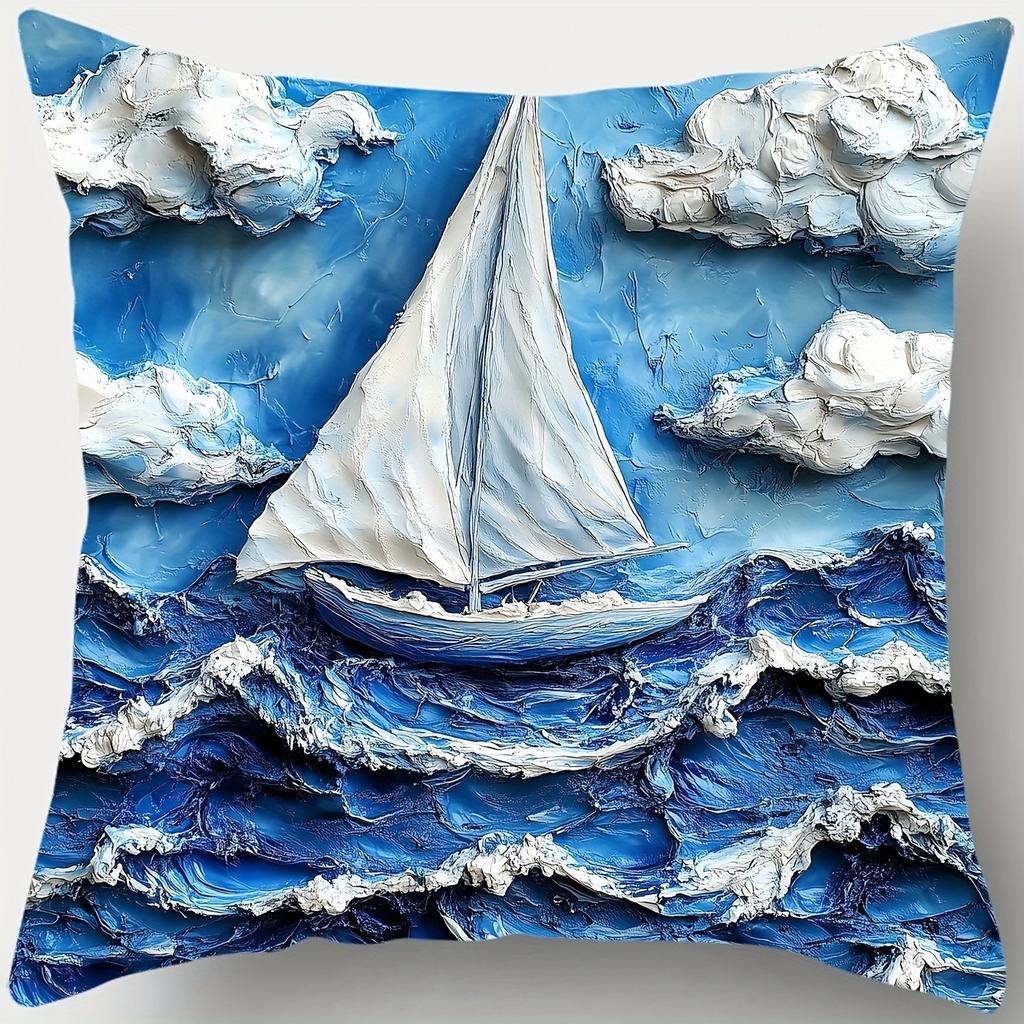 Poszewka na poduszkę w stylu marynistycznym z wzorem żaglówki, kotwicy, latarni morskiej, odpowiednia na sofę, do samochodu, do sypialni, dekoracyjna poszewka na poduszkę