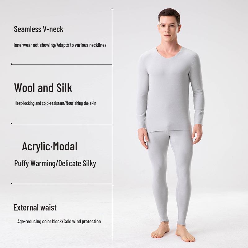 Men's Wool-Silk-Acrylic Seamless Fleece-Lined Warm Underwear Set