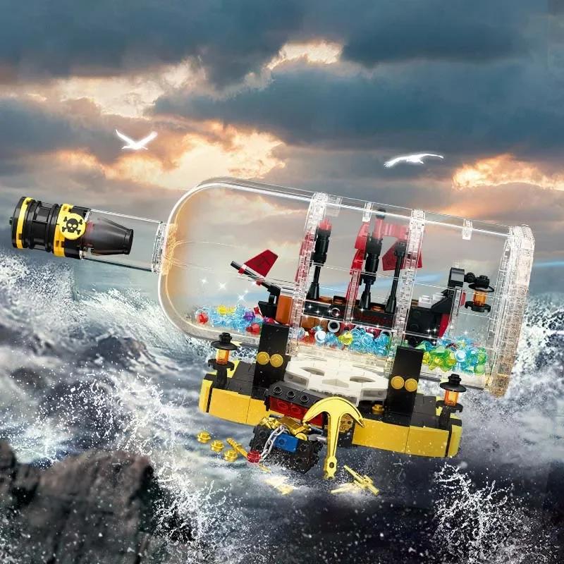 852PCS Creative Pirate Ship Bottle Building Blocks Light Bricks In a Bottle Classic Model  DIY Children's Toys Birthday Gift Set