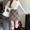 Women's Plus Size Collegiate Style Plaid Wool Mini Skirt for Autumn/Winter, Coffee