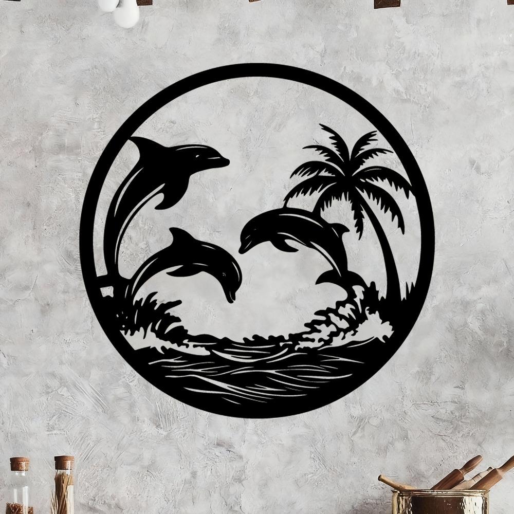 Tropical Dolphin Palm Tree Metal Wall Art Weatherproof Iron Sculpture Outdoor Garden Decor