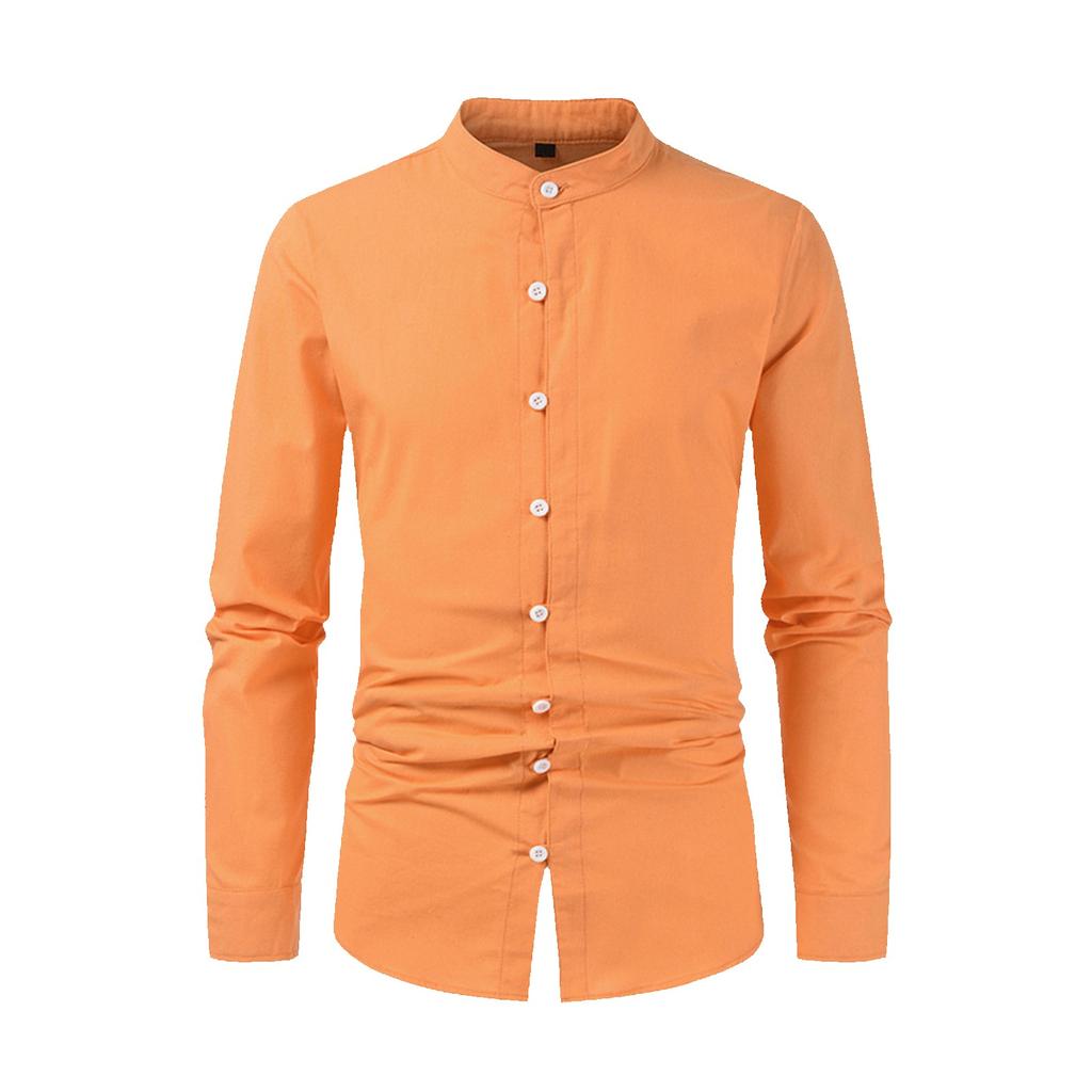 Men's Casual Fashion Long Sleeve Shirt Men's Solid Color Cotton Linen Stand Collar Button Long Sleeve Shirt