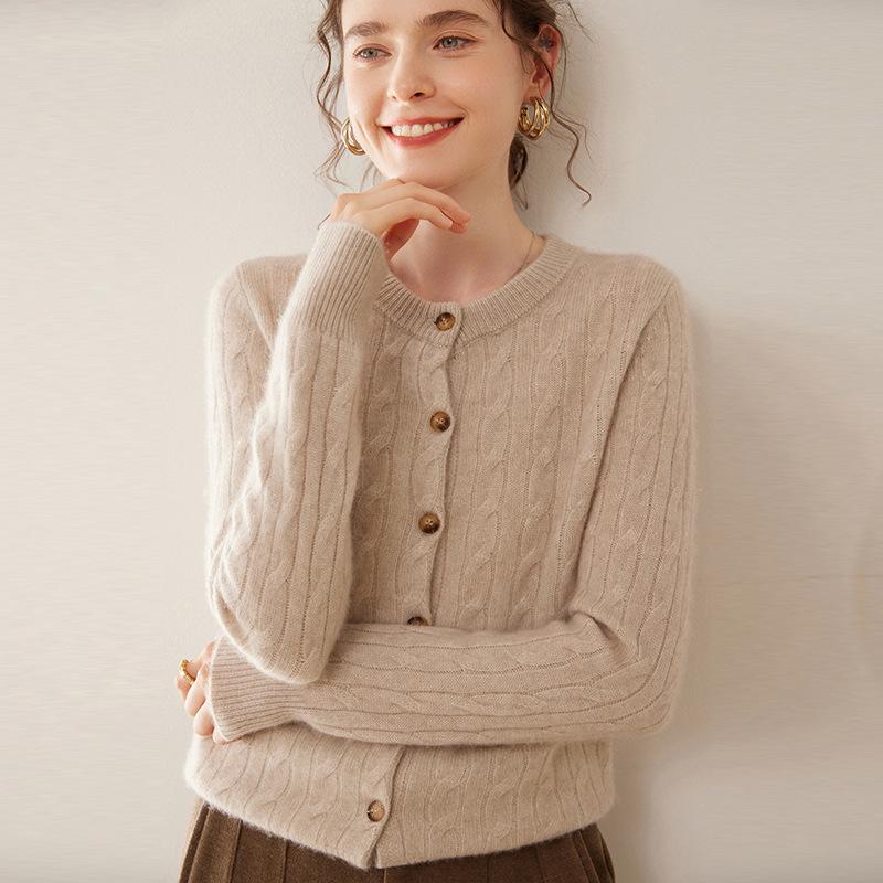 Women's French Style Cable Knit Cashmere Cardigan - Round Neck, Solid Color, Thick, Versatile, Loose Fit Sweater.