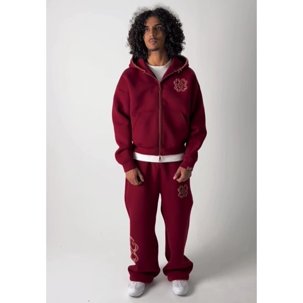 

VibeStreet Embroidered Zip Hoodie & Pants Set Men Streetwear Trendy Loose Casual 2-Piece Tracksuit New Fashion XL червоний