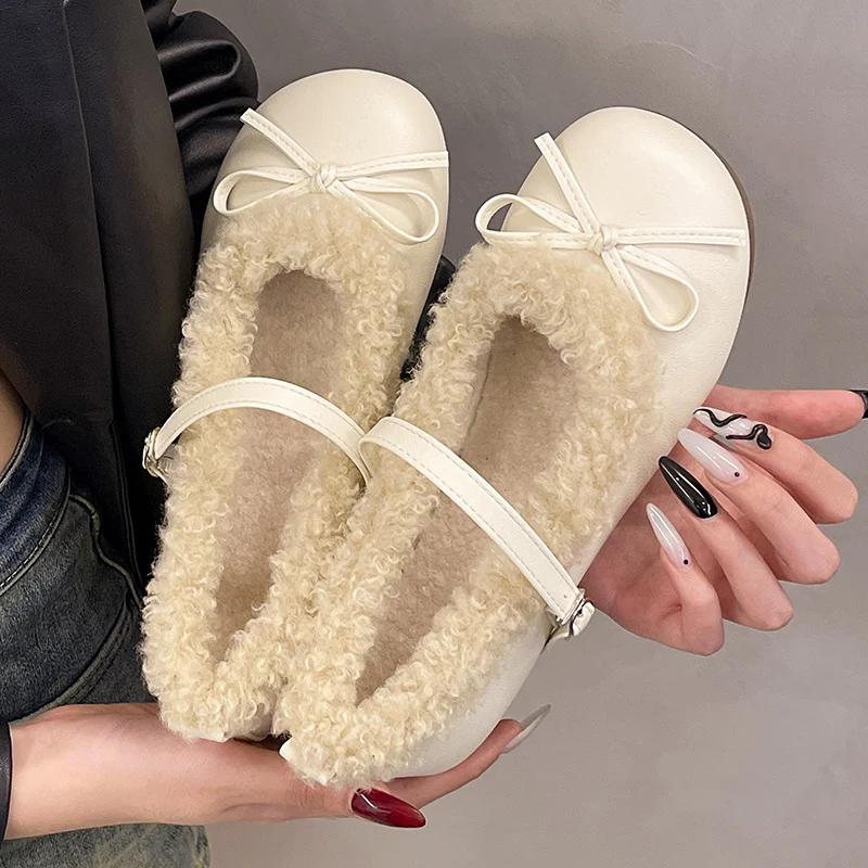 

Женские балетки с бантом и короткими каблуками, меховые короткие плюшевые туфли с пряжкой, 2025, модные дизайнерские элегантные платья, зимние женские туфли 40 покинуть белый