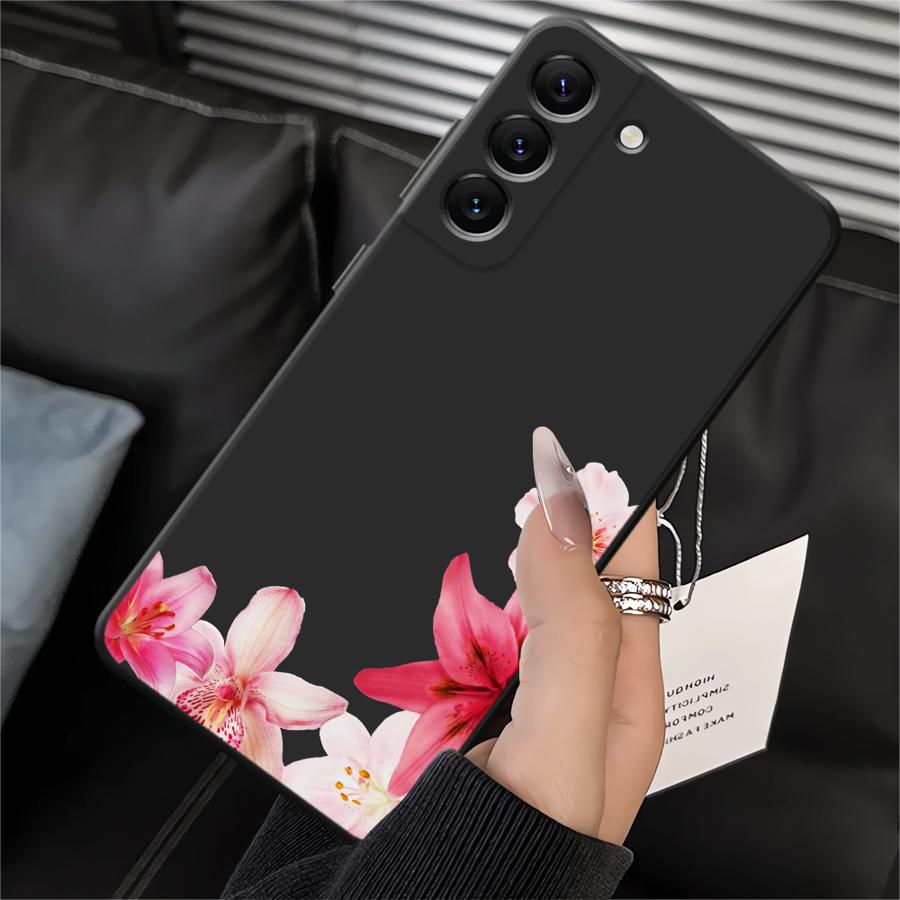 Case for Samsung Galaxy A70 A06 A04 A05 A50 A40 A16 A20 A13 A17 A10 A12 A30 A15 Black Soft Phone Cover Pink Lily Flower Pattern