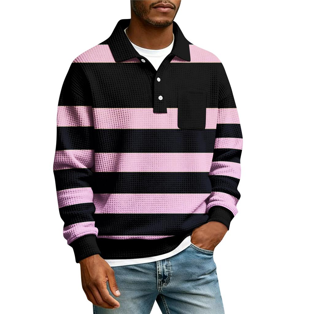 Men's Striped Single Breasted Long Sleeved Shirt With Collar And Pockets Casual Sports T-shirt