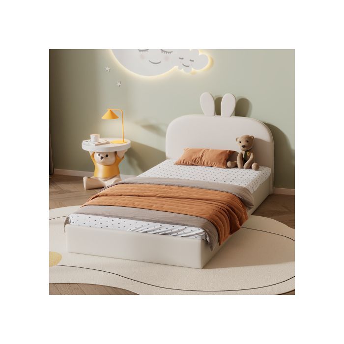 Lit enfant - MUVOE - 90x200cm - Tête de lit lapin - Rembourré beige - Lattes en bois