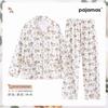 Womens Long Sleeve Pajama Set Faux Cotton Loungewear Ladies Thin Breathable Sleepwear Casual Home Wear