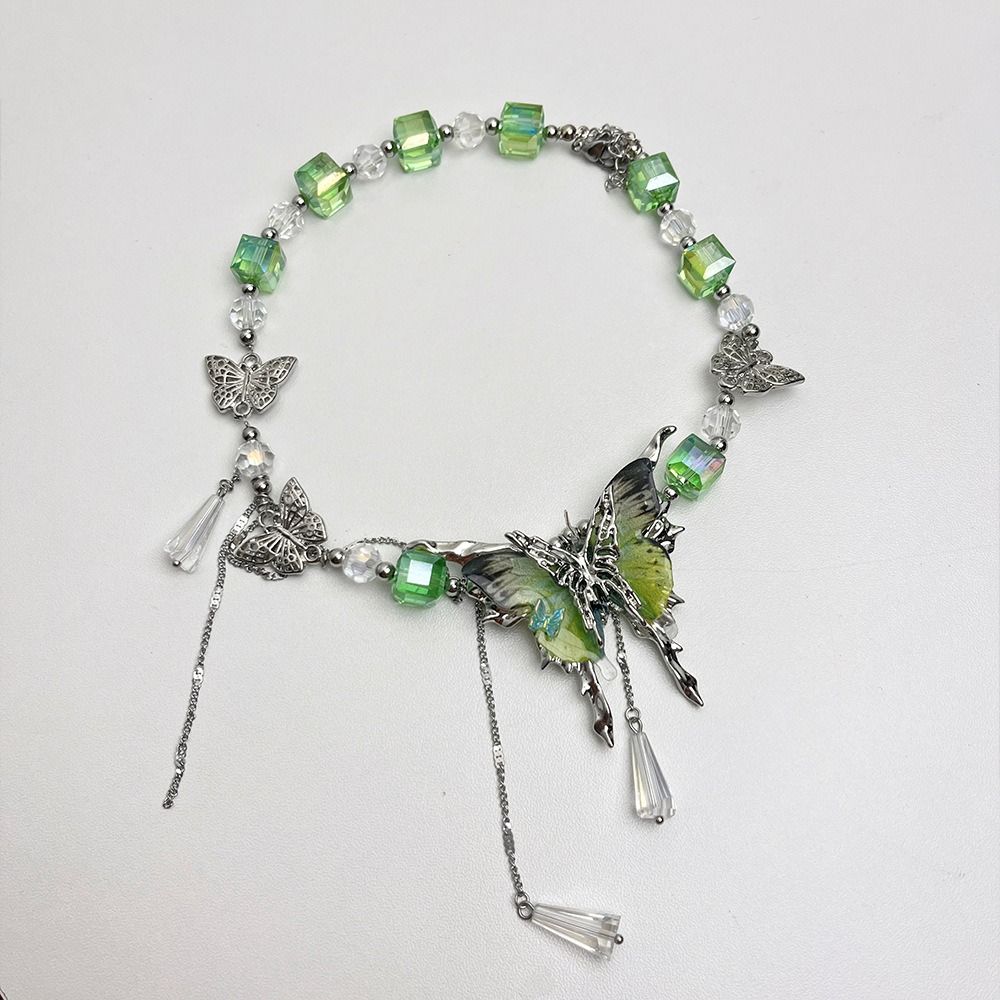 Sweet Rhinestone Butterfly Necklace Exaggerated Women's Choker Tassel Crystal Necklace  Party