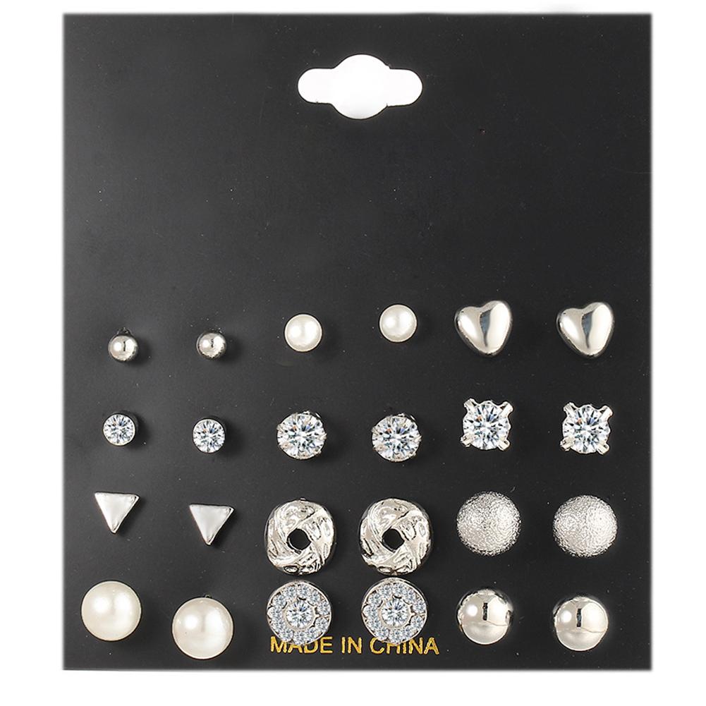 12 Pairs Women Round Crystal Love Shape Ear Stud Earrings Set