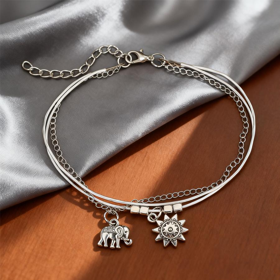 High-quality hypoallergenic bohemian style vintage silver-tone elephant and sun multi-layer anklet for summer beach wear pcs Trendy fashion