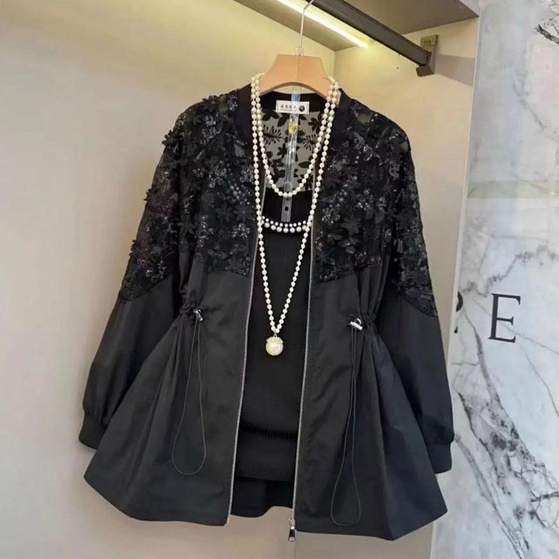 

Летняя трехмерная ветровка с цветами больших размеров для женщин, для полных сестер, в западном стиле, универсальная, приталенная, со вставками из кружева, пальто с длинными рукавами 3XL чёрный