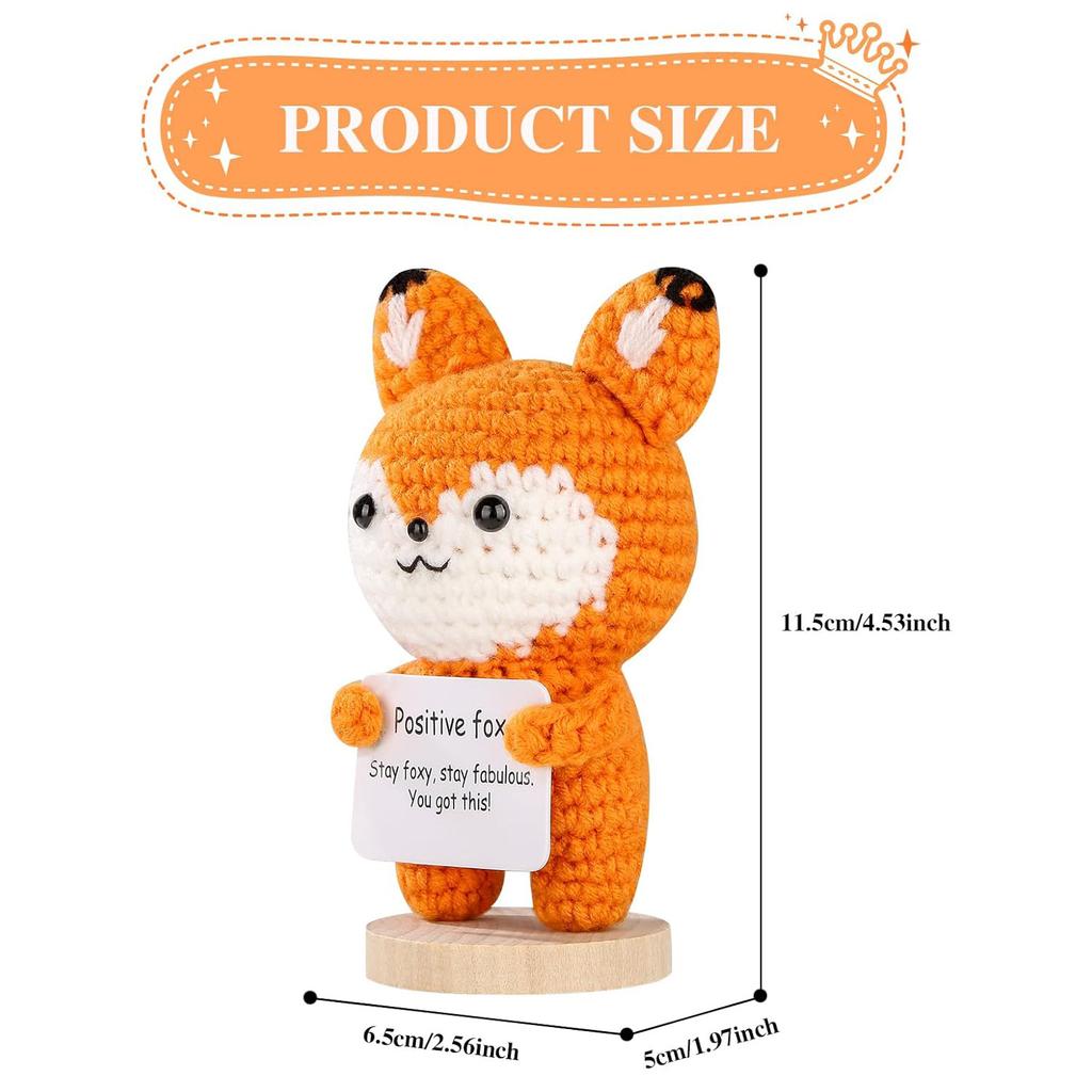 Funny Crochet Fox Animal Doll With Positive Card Ornament Handmade Knitted Fox Desktop Figurine Creative Crochet Christmas Gift