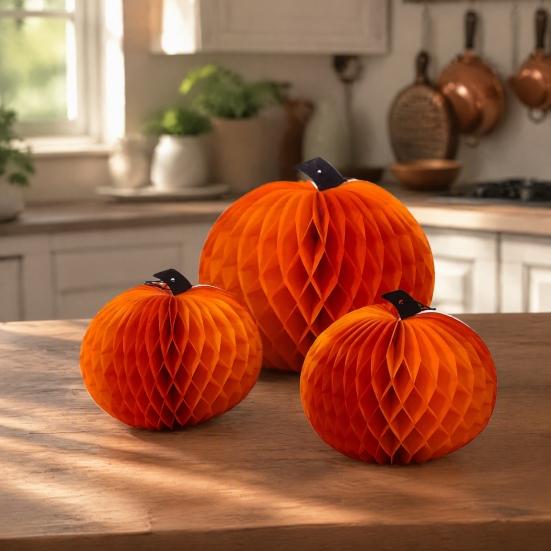 Halloween Pumpkin Decorations 3 Pcs Paper Honeycomb Centerpieces for Tables, 3D Festive Holiday Hanging Party Thanksgiving Fall Festival