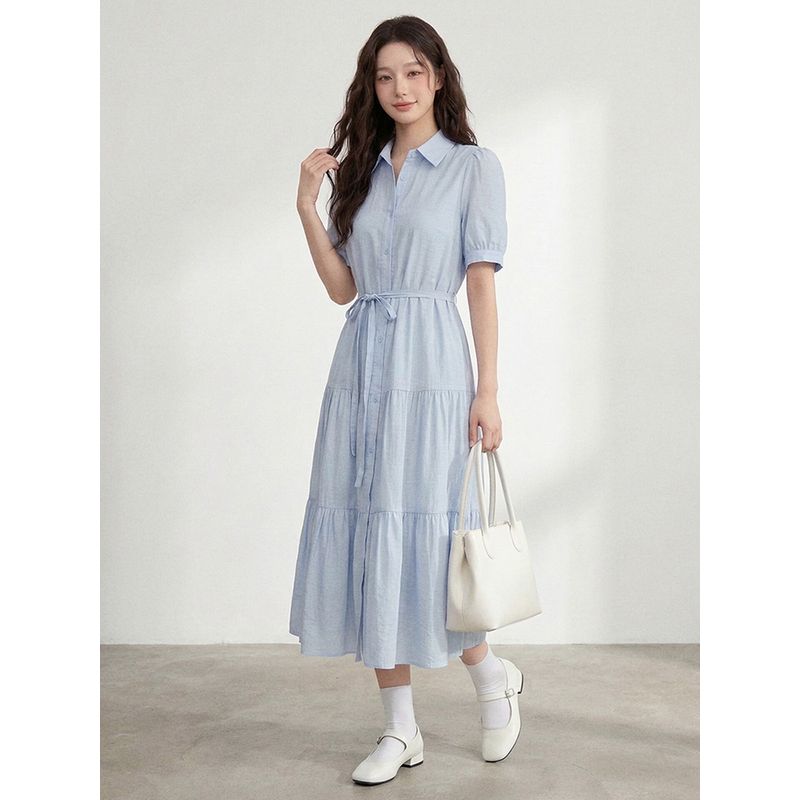 Plus-Size Women's Clothing for Fat Girls, Korean Style Simple Style Lapel Tie Waist Dress 2026 Summer Elegant Slimming Long Dress