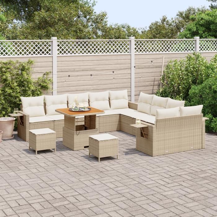 Set canapé jardin 13 pièces avec coussins beige poly rotin acacia, Set salle à manger jardin 3 pièces avec coussins beige 3363751
