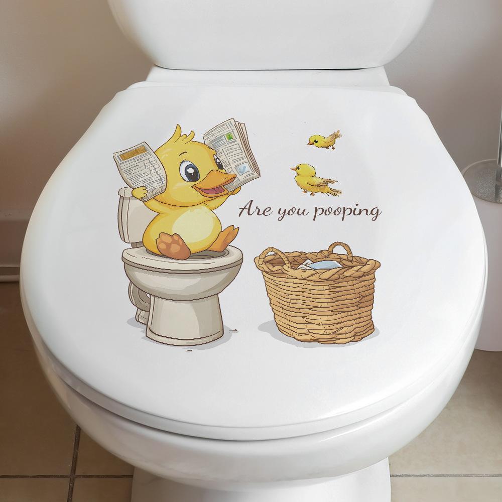 Funny Cartoon Duck Reading Newspaper Toilet Seat Sticker Bathroom Decor Humorous Removable Waterproof Decal