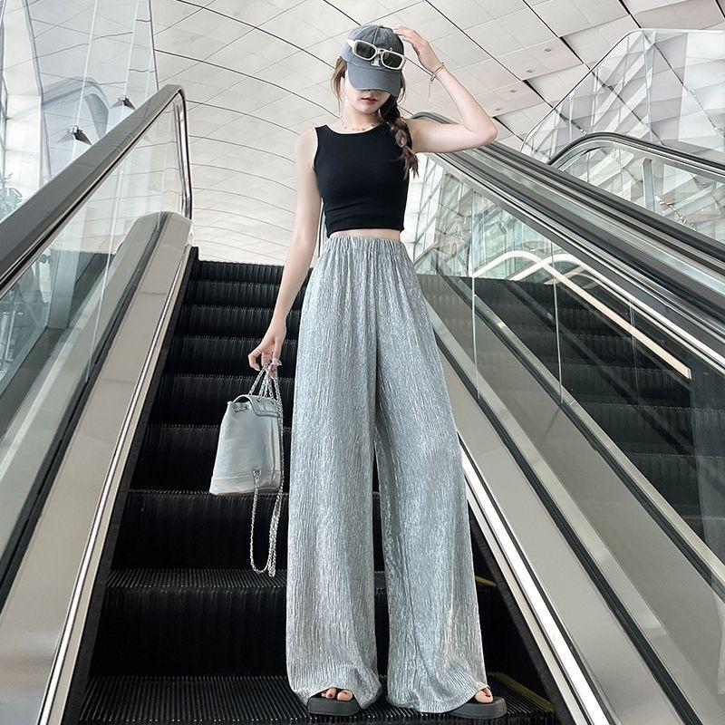 2026 Women's High-Waisted Ice Silk Wide-Leg Pants - Summer Casual Loose Straight Drape Trousers