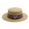 Straw Hat Women's Spring and Summer Retro Casual Women's Rhinestone Straw Woven Flat Top Top Hat Outdoor Sunshade Beach Hat Hat