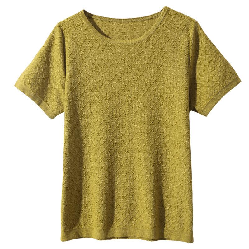 Summer New Round-neck Knitted Short-sleeved Women's T-shirt, Loose Large-sized Plaid Half-sleeved Top