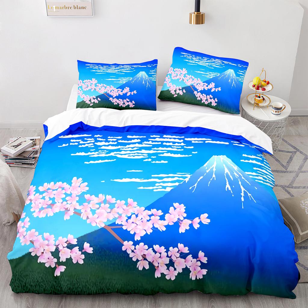 Ukiyo-e Weiches Bettbezug-Set King Quen Ful Größe Abmessungen Thema Wellenmuster Polyester Bettwäsche-Set Fuji Berg Exotischer Abstrakter Stil
