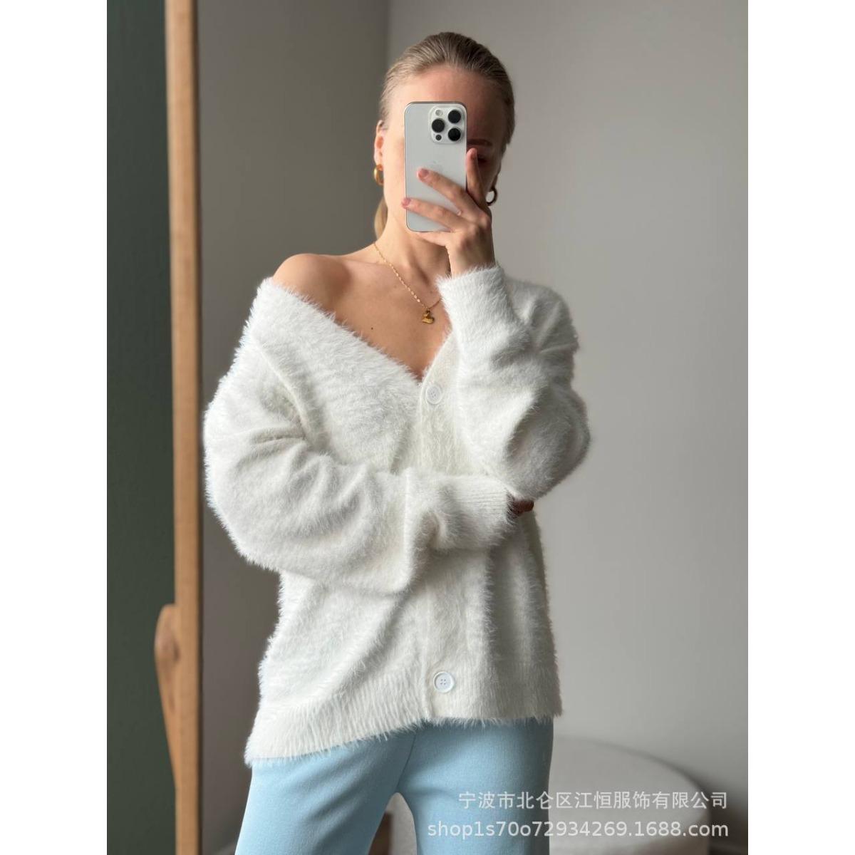 

Вязаный кардиган для женщин на осень, свободный свитер из искусственной норки с V-образным вырезом, мягкий и плотный топ S белый