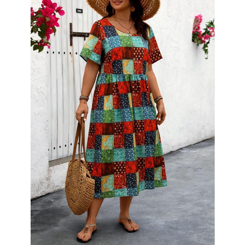 

Летнее женское платье свободного кроя с круглым вырезом и принтом больших размеров 4XL красный