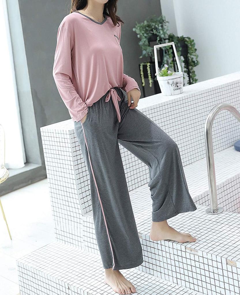 Kyonuza Long Sleeve Loose Fit Rayon Pajamas Solid and Breathable and Perfect for and and Size L Pink Women's Set, Color, Elegant, Cute, Simple,