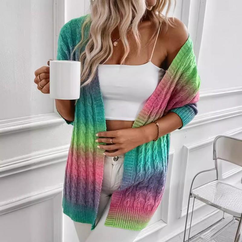 Womens Tie Dye Cardigan Long Sleeve V Neck Knit Sweater Rainbow Mid Length Vacation Street Style