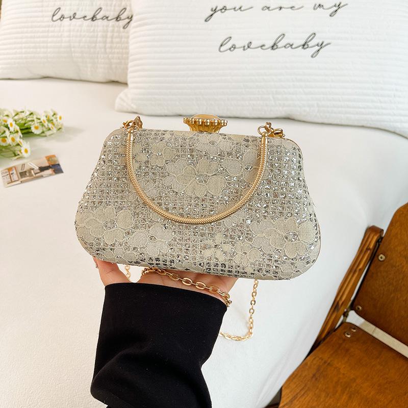 

Lady Chain Crossbody Shoulder Bags Flower Rhinestone Decor Shining Banquet Clutch Bag Party Wedding Women Handbags Evening Bag срібний