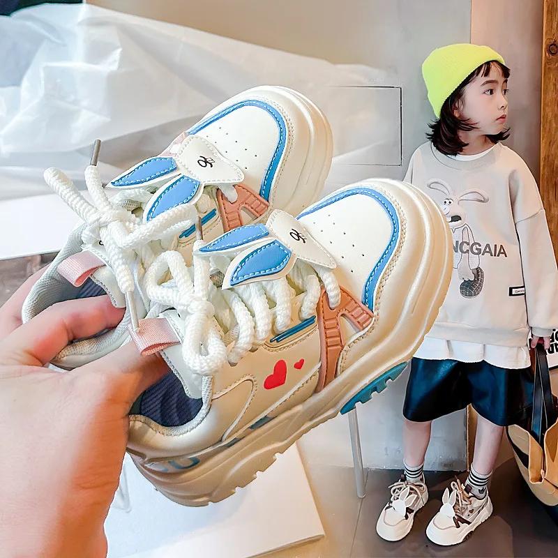 Kids Sports Shoes with Cute Rabbit Girls Casual Shoes Thick Soft Sole 2024 New Children Running Shoes for Students Non-slip