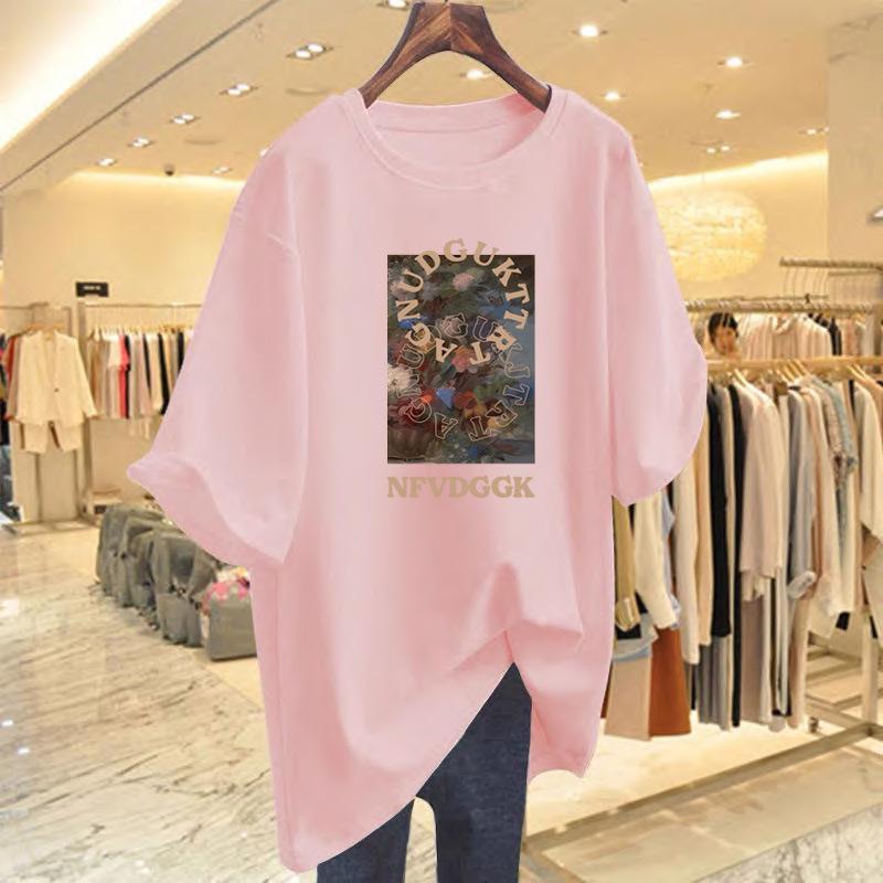 New Women's Summer White Cotton Printed Loose Round Neck Short Sleeve T-Shirt
