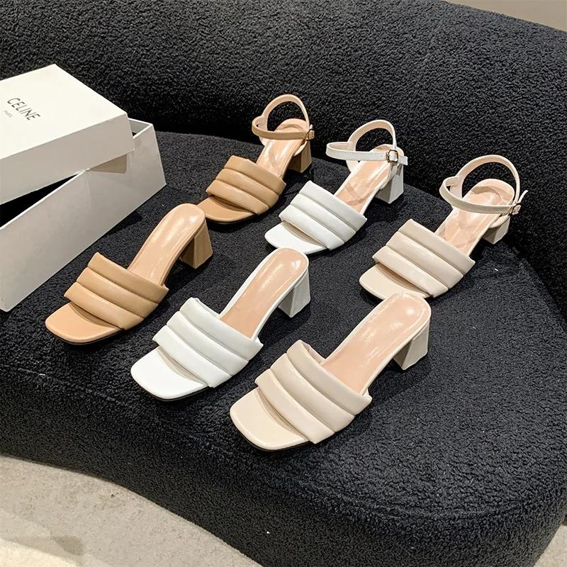 Fashion Outside Solid Med Heel Sandals for Women 2024 New Hot Sale Summer Fashion Ladies Shoes Square Heel Rubber Pu Women's Sandals