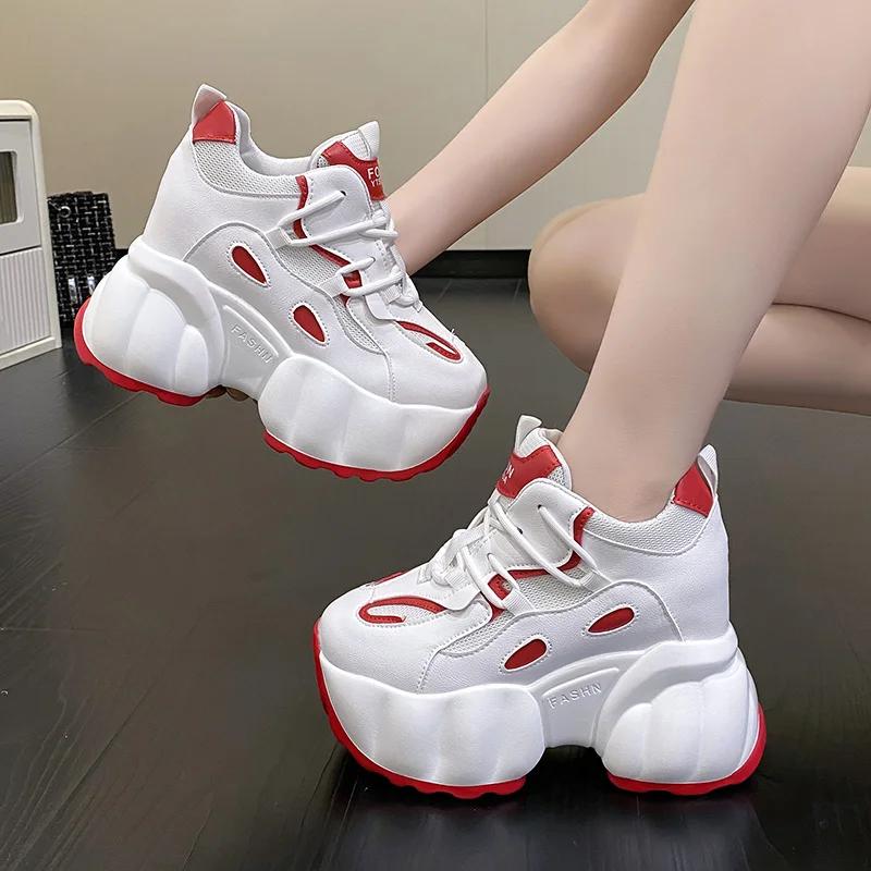 Móda Léto Dámské Klínky Robustní Tenisky Bílé Černé Ležérní Boty Dámské Vulkanizované Boty Vysoká Platforma Kožené Tenisky Žena Jaro