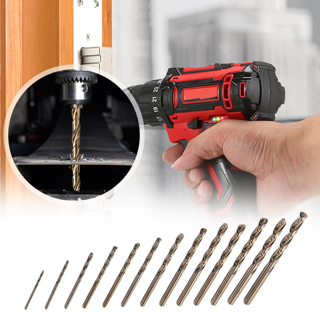 15pcs HSS Gold Cobalt Jobber Drill Bit Set with Straight Shank Twist Drill Bit Power Tools for Masonry Block Brick and Stone